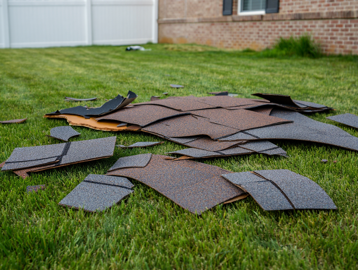 Shingle pieces in the yard